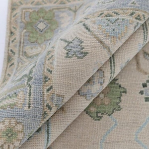 Tapete Oushak Feito à Mão 10x14 | Tapete Turco de Lã | Tapete Oriental Azul Claro Bege | Sala de Estar 8x10 9x12 12x15 Sob Medida