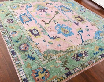 Pink Green Vintage Oushak Rug 9x12, cute pink Area Rug Green Border, Handmade Wool Rug For Bedroom, Turkish Rug 6x9 Rug for Living Room