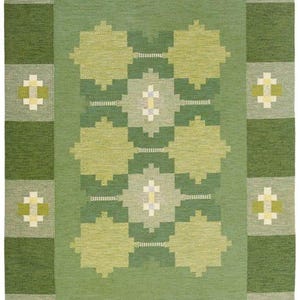 Vintage Swedish Inspired Kilim–Green Scandinavian Flatweave Wool Rug | Midcentury Geometric Folk Art Style 5x8, 6x9, 7x10, 9x12 Custom Size 