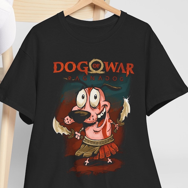 Courage the Cowardly Dog as God of War Mashup Shirt Funny Cartoon Characters T-Shirt Vintage Retro Classic Boho Girls Boys Meme Heavy Cotton