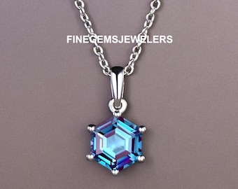 Hexagon Cut Alexandrite Necklace, 925 Sterling Silver Pendant, Color Changing June Birthstone