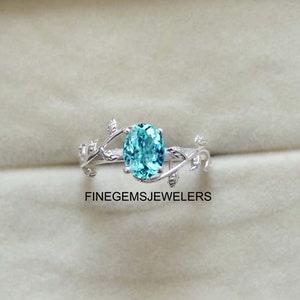 Beautiful Paraiba Tourmaline Ring, Tourmaline Leaf Branch Ring, October Birthstone Ring, Neon Blue Tourmaline Sterling Silver Wedding Ring