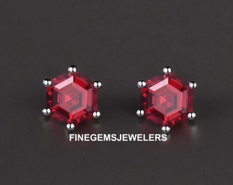 Brincos minimalistas de rubi, brincos de rubi com corte hexagonal, brincos de pedra preciosa vermelha para o mês de julho, presente ideal para promessa de aniversário.