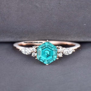 Vintage Paraiba Tourmaline Ring- Hexagon Cut Silver Vermeil Neon Brazilian Paraiba Engagement Ring For Women Promise Ring October Birthstone