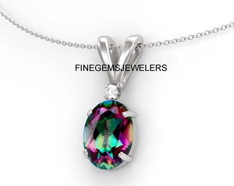 Mystic Topaz Pendant, Sterling Silver Rainbow Gemstone Necklace, Oval Cut