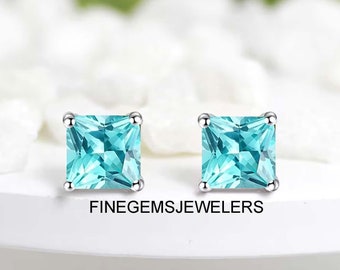 Clous d'oreilles taille princesse en tourmaline Paraiba, argent sterling 925