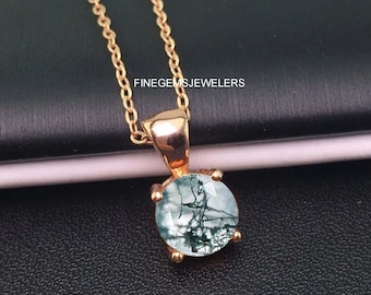 Genuine Moss Agate Necklace, Round Cut Sterling Silver Pendant, Tranquil Balance Stone