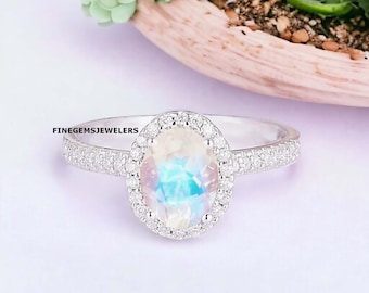 Rainbow Moonstone Sterling Silver Ring: Oval June Birthstone Promise Ring