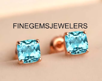 Boucles d'oreilles en tourmaline Paraiba, taille coussin, bleu glacier, clous d'oreilles en tourmaline Paraiba pour femme, boucles d'oreilles en vermeil, or rose 14 carats, pierres précieuses vertes