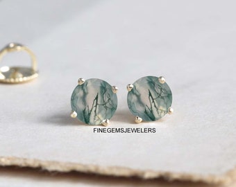 Natürliche Moosachat Ohrstecker, Runde Ohrstecker, Minimalistische Moos Ohrringe, Grüner Moosachat Edelstein, 925 Sterling Silber, Mädchen Ohrringe