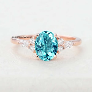 1.8 ct Neon Blue Paraiba Tourmaline Engagement Ring 14K Rose Gold Cluster Promise Ring, Oval Cut Blueish Green Tourmaline Wedding Ring