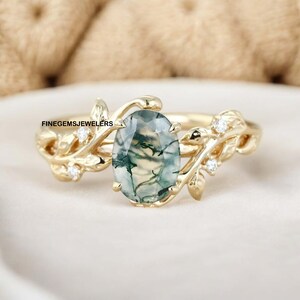 Natürlicher Moosachat Verlobungsring Oval 14K Gelbgold Alternative Verlobungsring Art Deco Natur Inspiriert Blattring Hochzeitstag