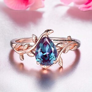 Peer alexandriet verlovingsring, op de natuur geïnspireerde bladring, 14k roségouden trouwring, vintage alexandriet beloftering voor vrouwen