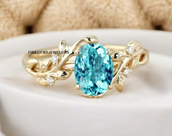 Vintage Paraiba Tourmaline Engagement Ring, 14K Yellow Gold Leaf Branch Bridal Ring