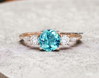 Vintage Paraiba Tourmaline Engagement Ring, 14K Rose Gold Cluster Ring
