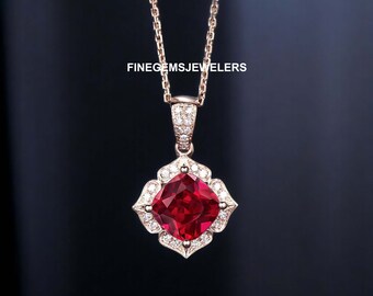 Vintage Cushion Cut Ruby Necklace, Wedding Red Ruby Necklace, 18K