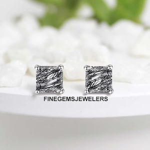 Black Rutile Studs Earrings, Crystal Quartz Square 5 To 10 mm Earrings, Rutile Quartz Earrings, Minimalistic Earrings, Birthstone Gift
