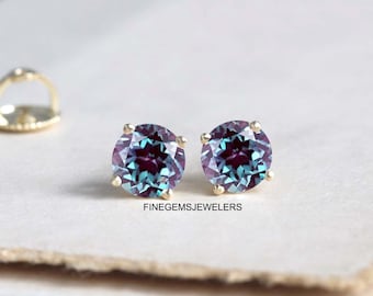 Dainty Alexandrite Earrings For Women, Round Cut Lab Created Color Changing Alexandrite Gemstone Earrings, 925 Sterling Silver