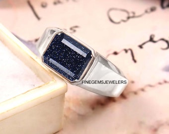 Blue Sandstone Men's Ring, Solid Sterling Silver, Engagement Ring, Emerald Cut Sandstone Ring, Engagement Ring, Anniversary Gift for Men