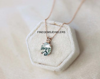 Oval Green Moss Agate 925 Sterling Silver Pendant Necklace