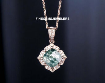 Collar con colgante de ágata musgosa: plata de ley 925, cristal curativo