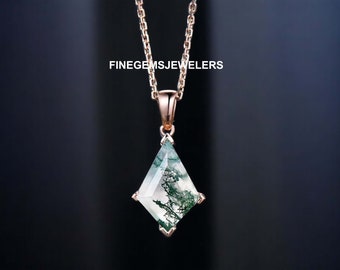 Natural Moss Agate Necklace, Kite Cut Moss Agate Pendant, Birthstone Necklace, 14K Rose Gold Vermeil Necklace, Elegant Gift for Her