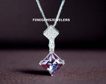 Princess Cut Alexandrite Necklace, Color Changing Stone, Sterling Silver, June Birthstone