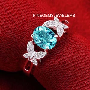 Paraiba Tourmaline Ring, Oval Cut Sterling Silver Brazilian Gemstone Engagement Ring For Women Promise Ring Neon Blue Turquoise Color Ring