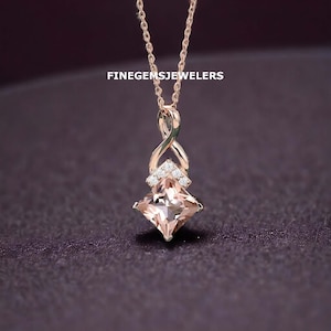 Colar de morganita exclusivo com corte princesa para mulheres, pingente minimalista de ouro rosa 14K, joia com pedra de nascimento, presente de aniversário para ela