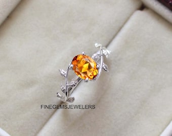 Schöner Gelber Topas Ring, Gelber Topas Blatt Zweig Ring, November Birthstone Ring, Goldener Topas Ring, Sterling Silber Ehering