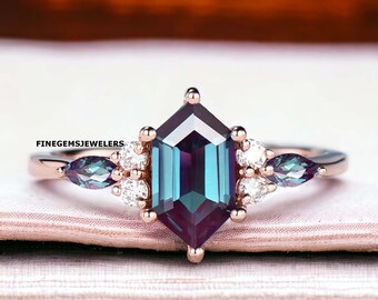 Alexandrite Engagement Ring, 14k Rose Gold Band, Hexagon Cut Color Change June Birthstone