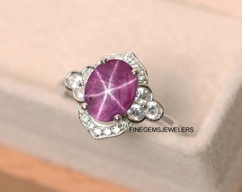 Natural 6 Rays Ruby Star Ring, 925 Sterling Silver Engagement Ring, July Birthstone
