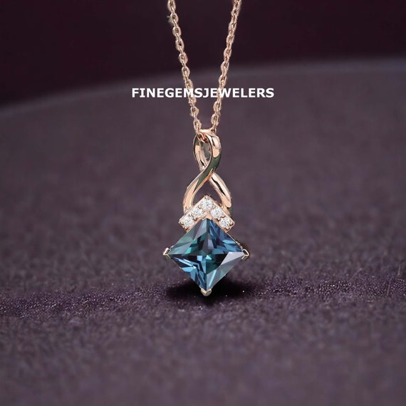 Princess Cut Alexandrite Necklace, June Birthstone, 14k Rose Gold Vermeil, Color Changing Stone