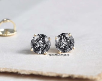 Rutilated Quartz Stud Earrings, Sterling Silver, Tourmalinated Quartz