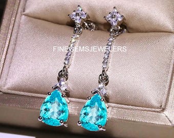 Boucles d'oreilles Paraiba tourmaline, pendantes d'oreilles en argent sterling avec halo de moissanite et poire