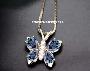 Beautiful Alexandrite Color Changing Gemstone Butterfly Necklace-Sterling Silver Necklace With Chain-June Birthstone-Pear Cut Pendnat