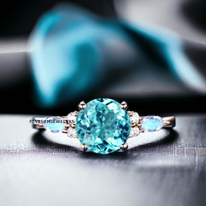 Vintage Paraiba Tourmaline Ring- Round Cut 14k Gold Vermeil Neon Brazilian Paraiba Engagement Ring For Women Promise Ring Moonstone Ring