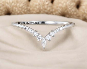 Moissanite Curved Wedding Band, 14k White Gold Stacking Ring