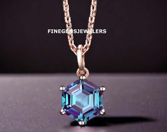 8mm Hexagon Cut Alexandrite Necklace-June Birthstone Pendant-Sterling Silver Promise Necklace-Color Changing Gemstone