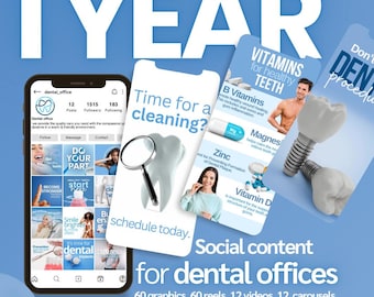 May include: A year's worth of social media content for dental practices. The image shows a phone screen displaying a grid of 9 colourful images with the text "Do Your Part" and "Smile Bright". There are also three other phone screens with the text "Time for a cleaning? Schedule today." and "Vitamins for Healthy Teeth" and "Don't put off Dental Procedures".