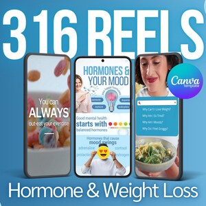 May include: Three smartphone screens showing different content related to hormones and mood. The text on the screens reads "You can ALWAYS out-eat your exercise", "Hormones & Your Mood", and "Why Can't I Lose Weight? Why Am I So Tired? Why Am I So Moody? Why Did I Hear Snoring?" The text "316 Reels" is at the top of the image. The text "Hormone & Weight Loss" is at the bottom of the image.
