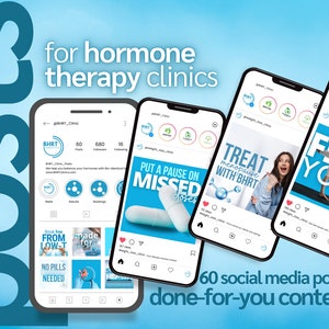 May include: A collection of six social media posts for hormone therapy clinics. The posts feature a variety of images and text, including a woman smiling, a pill, and a woman doing yoga. The text on the posts includes phrases like "Treat yourself with BHRT" and "Find your balance".
