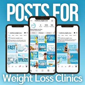 May include: Three screenshots of Instagram posts from a medical weight loss clinic. The posts feature a variety of tips and advice for weight loss, including "Eat More Protein", "Hydrate During & After Your Workout", "Utilize Ice Baths", "Fit for Life", "You're Not Perfect", "Consume More Water", "Train", and "Lose Fat & Build Muscle".