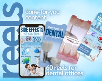 May include: Three smartphone screens displaying dental care content. The first screen shows the side effects of cavities, the second screen shows a dental procedure, and the third screen shows the top causes of tooth loss. The text on the screens is in white and black. The background is a light blue colour. The text "60 reels for dental offices" is in the centre of the image.