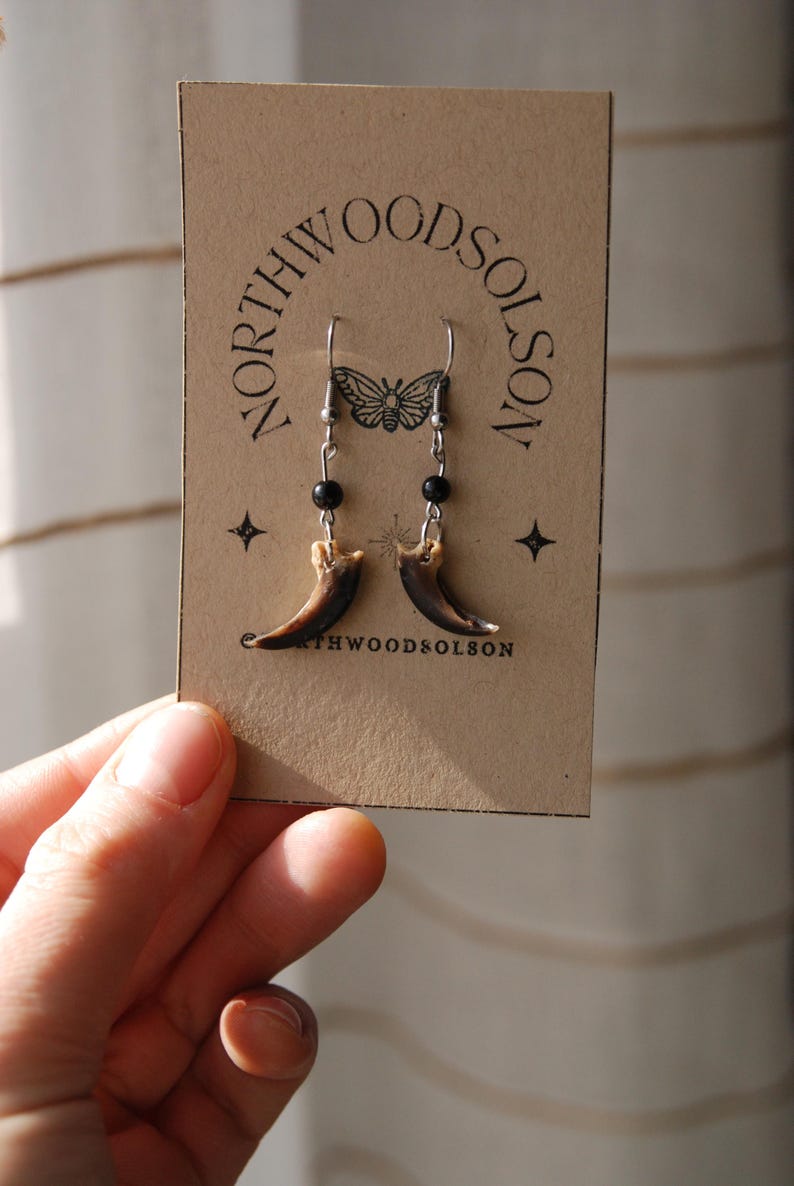 May include: Bear claw earrings with silver hooks and black bead detailing, displayed on a brown card. The card features the text "NORTHWOODSOLSON" and a butterfly design. The earrings are a unique accessory.