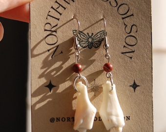 Handmade Foraged Halved Deer Tooth Earrings with Jasper Beads and Stainless Steel Hooks, Hypoallergenic