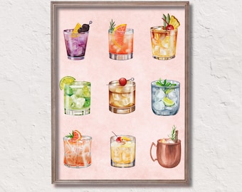 Cocktail Drinks Trendy Wall Art for Bar, Watercolor - Digital Download