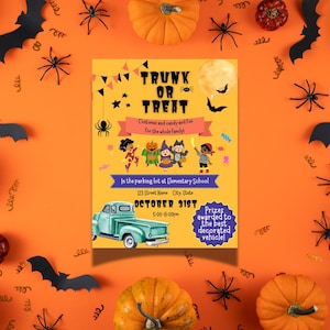 May include: A Halloween-themed invitation with the text "Trunk or Treat" on an orange background. The invitation features illustrations of children in costumes, a vintage teal truck, pumpkins, bats, and spiders. The event is scheduled for October 31st.
