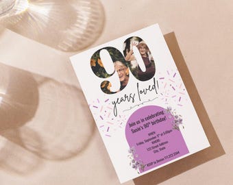 90th Birthday Invitation - Digital Download, Edit in Canva
