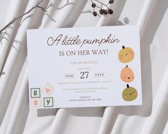Little Pumpkin Baby Shower Invitation: Fall Harvest Theme (Digital Print, Canva Template